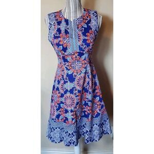 Adorne Blue Floral Split Neck Fit & Flare Dress Sz 4 Blue, Blood Orange Spring